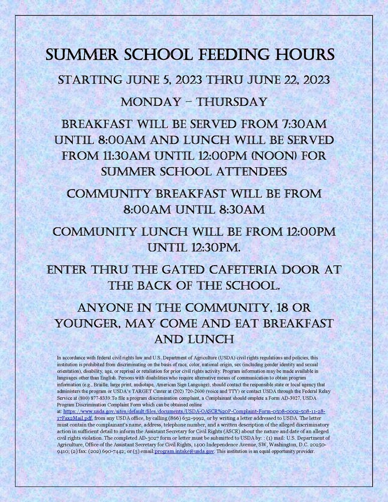 Summer School Feeding Information